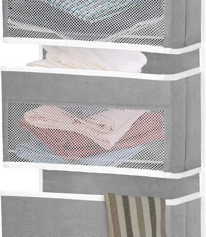 Over The Door Organizer with LifetimeWarranty, 4 Shelves & 4 Side Pockets, Large Storage Rack Holds 44lb, Heavy-Duty Reinforced Mesh Shelf for Bathroom, Closet, Toy Organization, Shoes, Towels, Grey