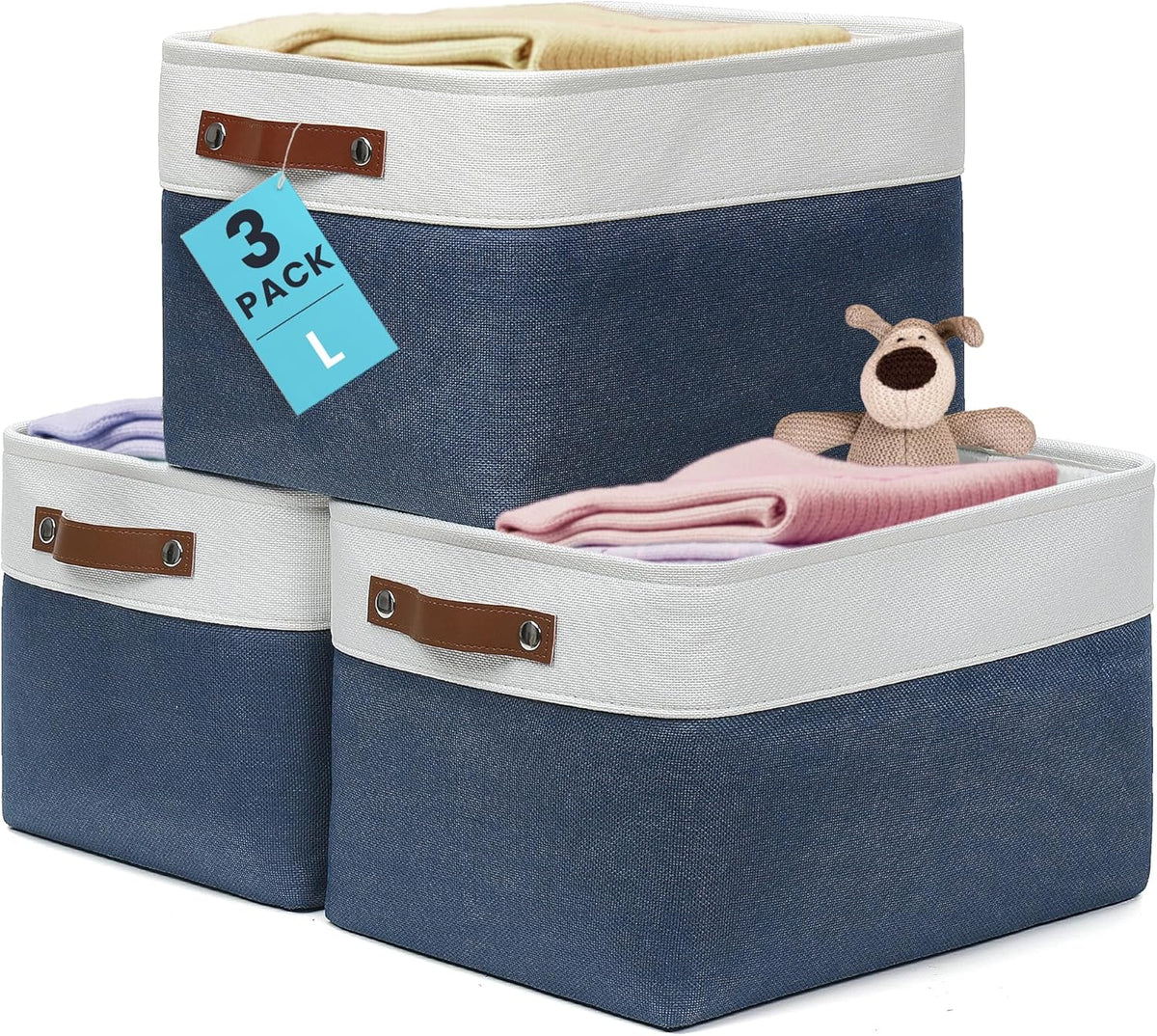 OrganiHaus 12x8in Canvas Storage Baskets 3 Pack | SMALL Fabric Bins for Shelves | Pantry & Bathroom Organizer | Beige/Off-White