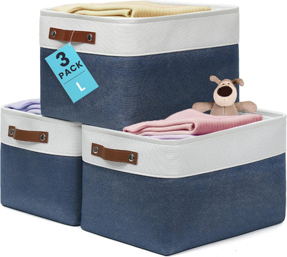 OrganiHaus 12x8in Canvas Storage Baskets 3 Pack | SMALL Fabric Bins for Shelves | Pantry & Bathroom Organizer | Beige/Off-White