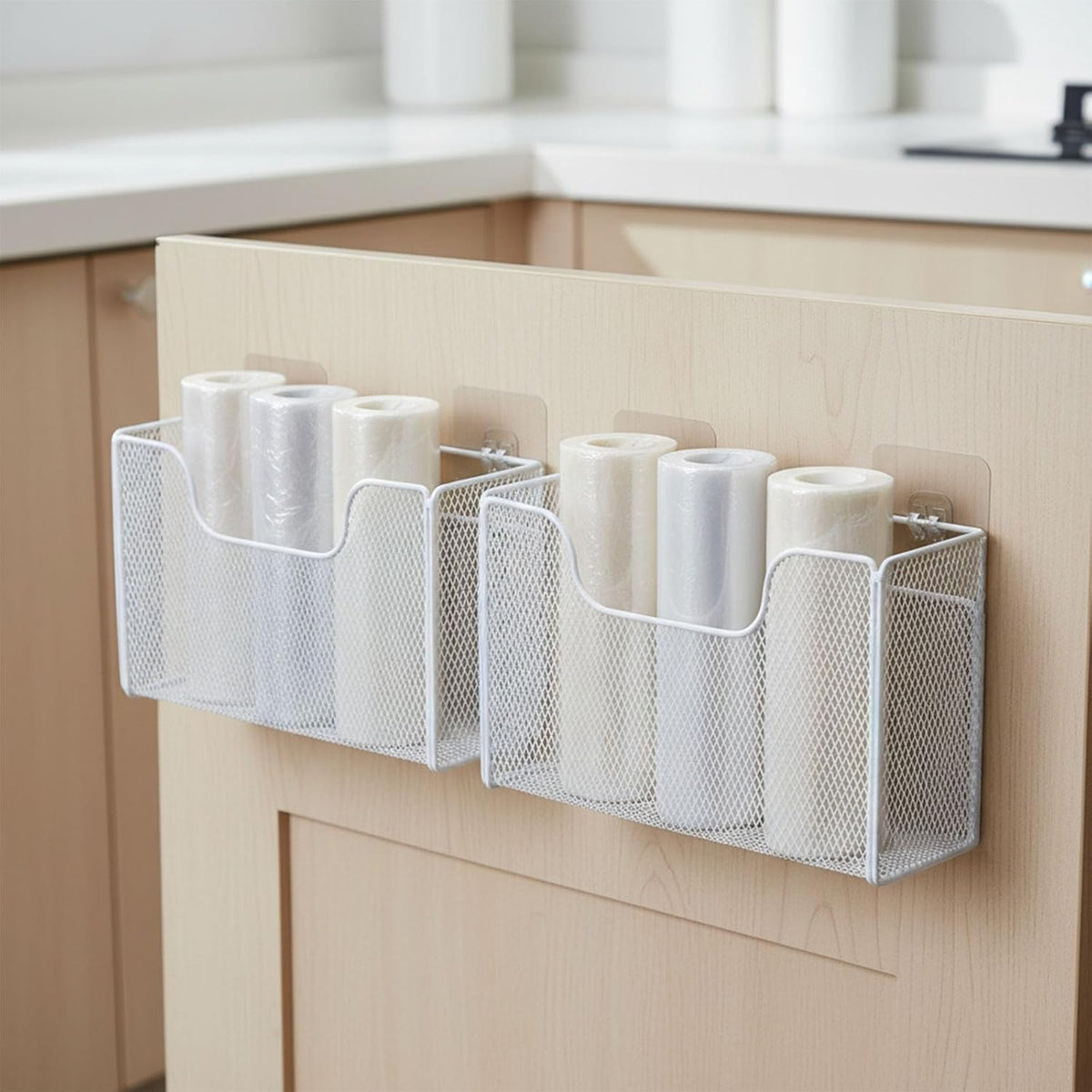 2 Pack Aluminum Foil Organizer, Kitchen Wrap Organizer for Plastic Wrap, Foil, Wax Paper and Food Storage Bags, Wall Mounted Iron Wire Rack for Cabinet Door, Pantry and Kitchen Storage