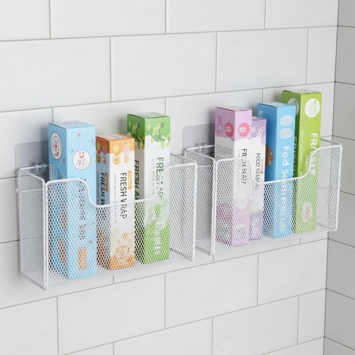 2 Pack Aluminum Foil Organizer, Kitchen Wrap Organizer for Plastic Wrap, Foil, Wax Paper and Food Storage Bags, Wall Mounted Iron Wire Rack for Cabinet Door, Pantry and Kitchen Storage