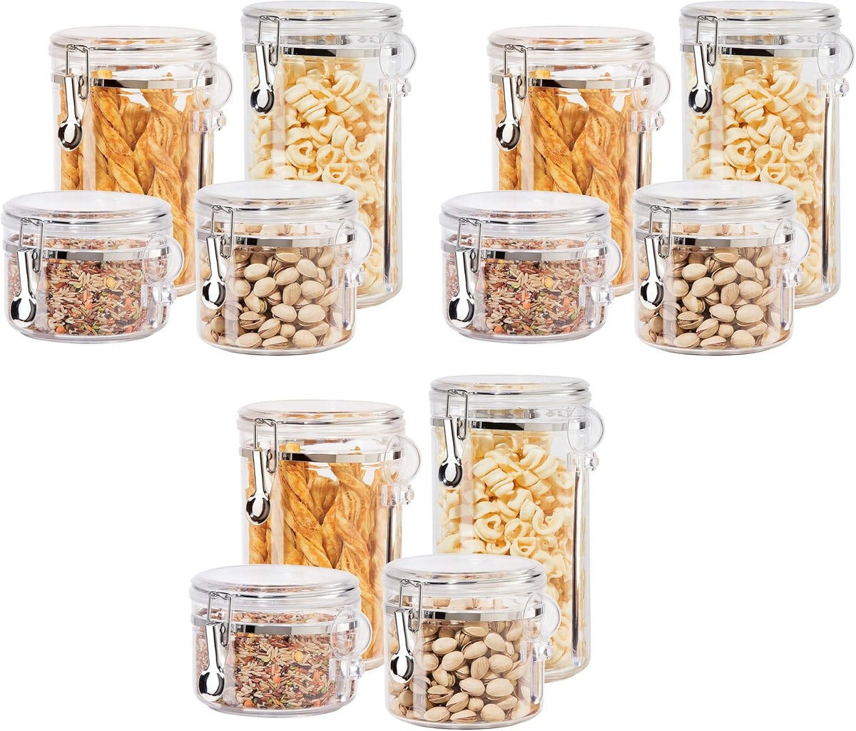 Oggi Clear Canister Set with Clamp Lids & Spoons - Airtight Food Storage Containers, Ideal for Kitchen & Pantry Storage of Bulk, Dry Food Including Flour, Sugar, Coffee, Rice, Tea, Spices & Herbs