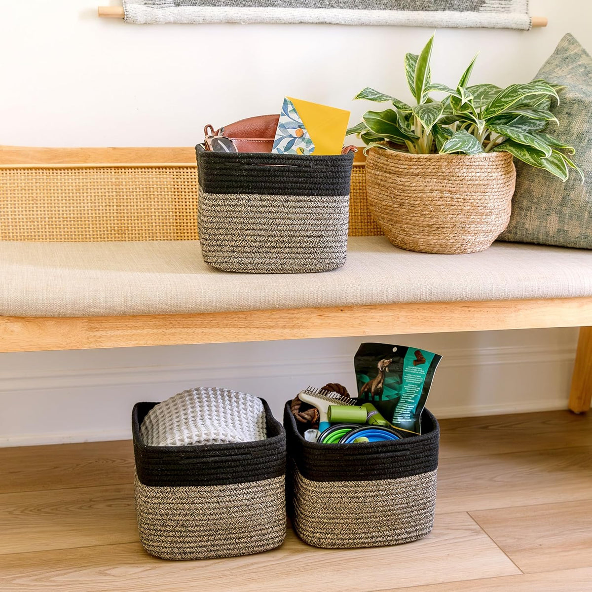 NaturalCozy Storage Cubes 9”x9”x7”Cotton Rope Woven Baskets for Organizing 3-Pack | 9 Inch Cube Storage Bin | Small Basket for Shelf Nursery, Pantry, Decorative Plant, Bathroom Closet, Toy Gift