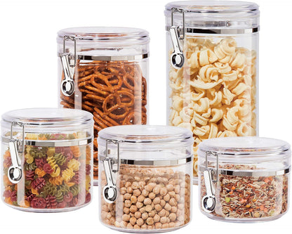 Oggi Clear Canister Set with Clamp Lids & Spoons - Airtight Food Storage Containers, Ideal for Kitchen & Pantry Storage of Bulk, Dry Food Including Flour, Sugar, Coffee, Rice, Tea, Spices & Herbs