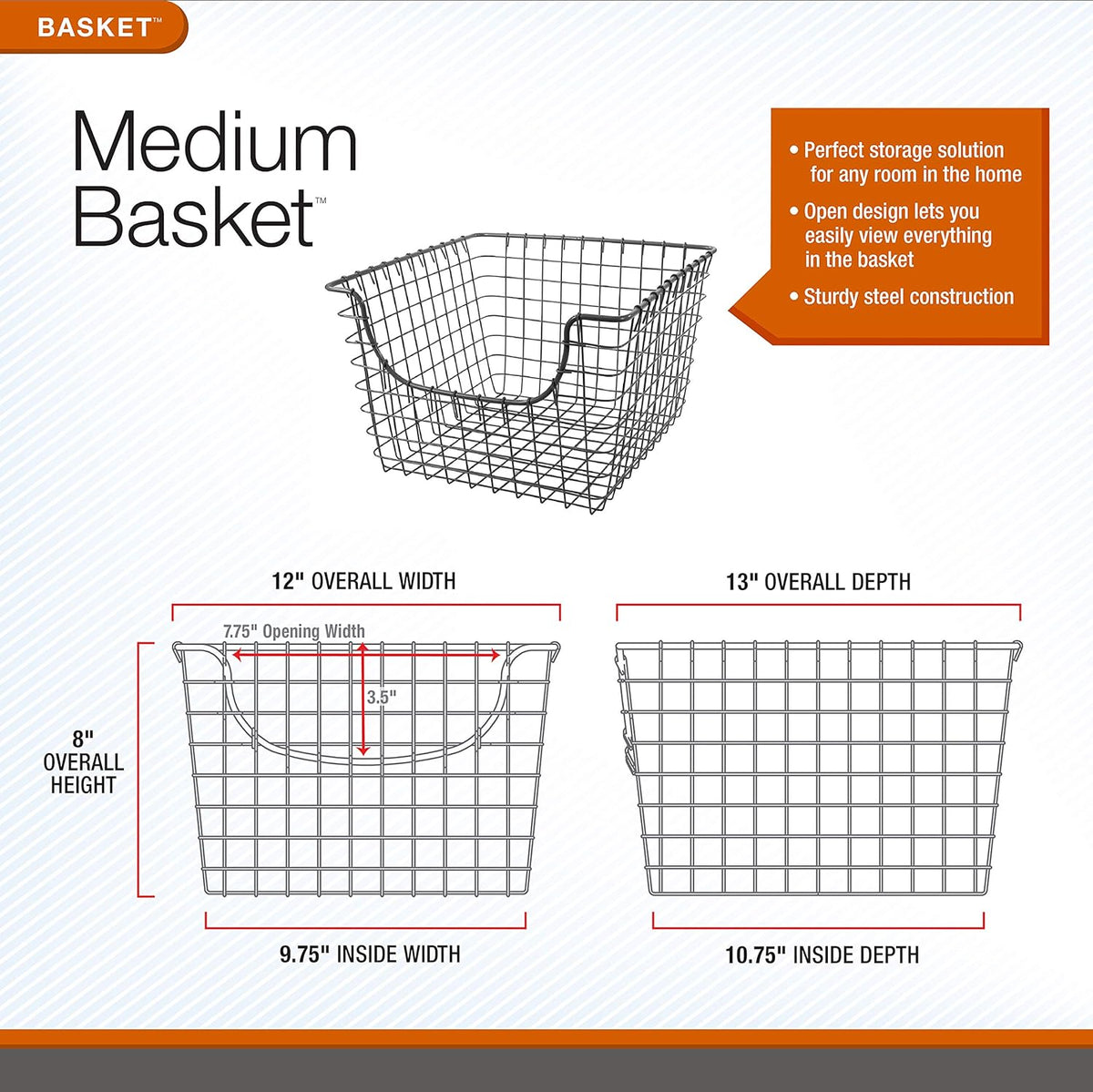 Spectrum Wire Scoop Basket Storage Bin Industrial Gray Medium Metal Wire Basket Organizer for Kitchen Pantry Wire Storage Bins, Heavy Duty Rectangle Wire Storage for Kitchen Organization