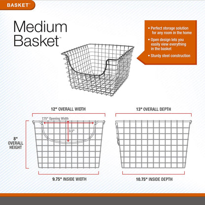 Spectrum Wire Scoop Basket Storage Bin Industrial Gray Medium Metal Wire Basket Organizer for Kitchen Pantry Wire Storage Bins, Heavy Duty Rectangle Wire Storage for Kitchen Organization