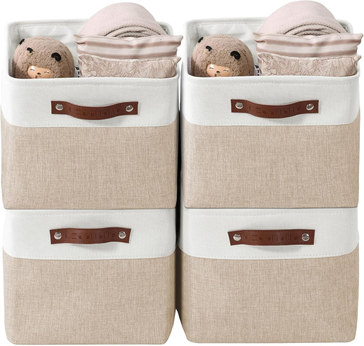 DECOMOMO Storage Bins, Large Fabric Storage Baskets for Shelves, Decorative Linen Closet Organizer, 15 x 11 x 9.5 inches (Beige & White, 3 Pack)