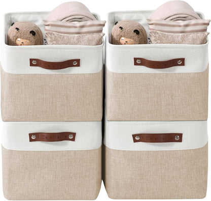 DECOMOMO Storage Bins, Large Fabric Storage Baskets for Shelves, Decorative Linen Closet Organizer, 15 x 11 x 9.5 inches (Beige & White, 3 Pack)