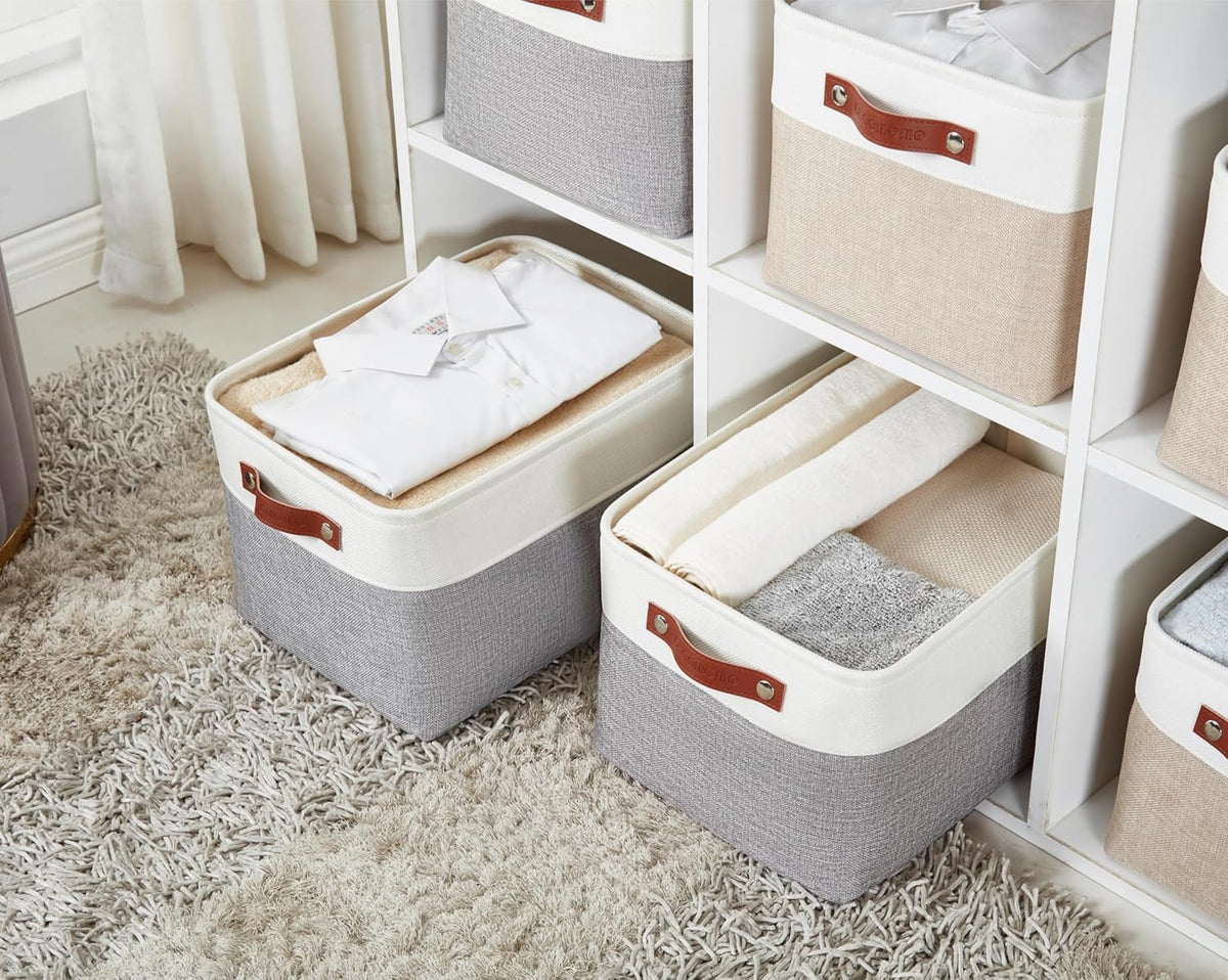 DECOMOMO Storage Bins, Large Fabric Storage Baskets for Shelves, Decorative Linen Closet Organizer, 15 x 11 x 9.5 inches (Beige & White, 3 Pack)
