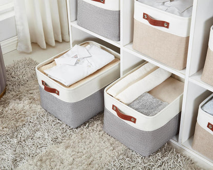 DECOMOMO Storage Bins, Large Fabric Storage Baskets for Shelves, Decorative Linen Closet Organizer, 15 x 11 x 9.5 inches (Beige & White, 3 Pack)