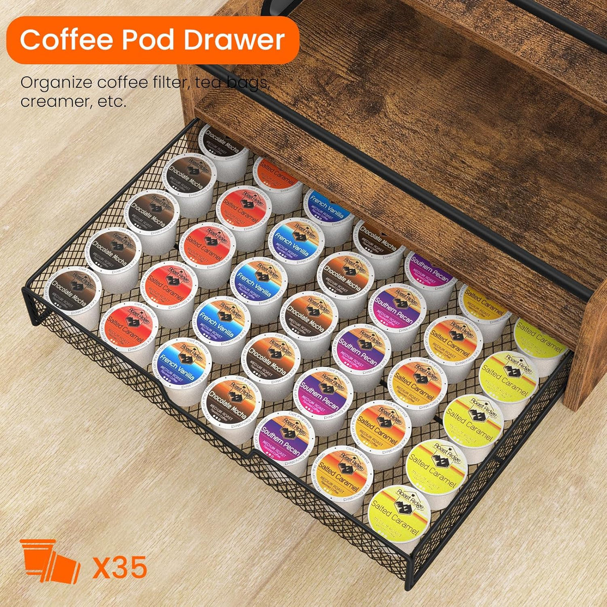 Homode 3-Tier Coffee Bar Organizer, 8 Bottle Syrup Stand with 35 Coffee Pod Storage Drawer, Rustic Wood & Metal Countertop Liquor Bottle Holder for Kitchen, Black