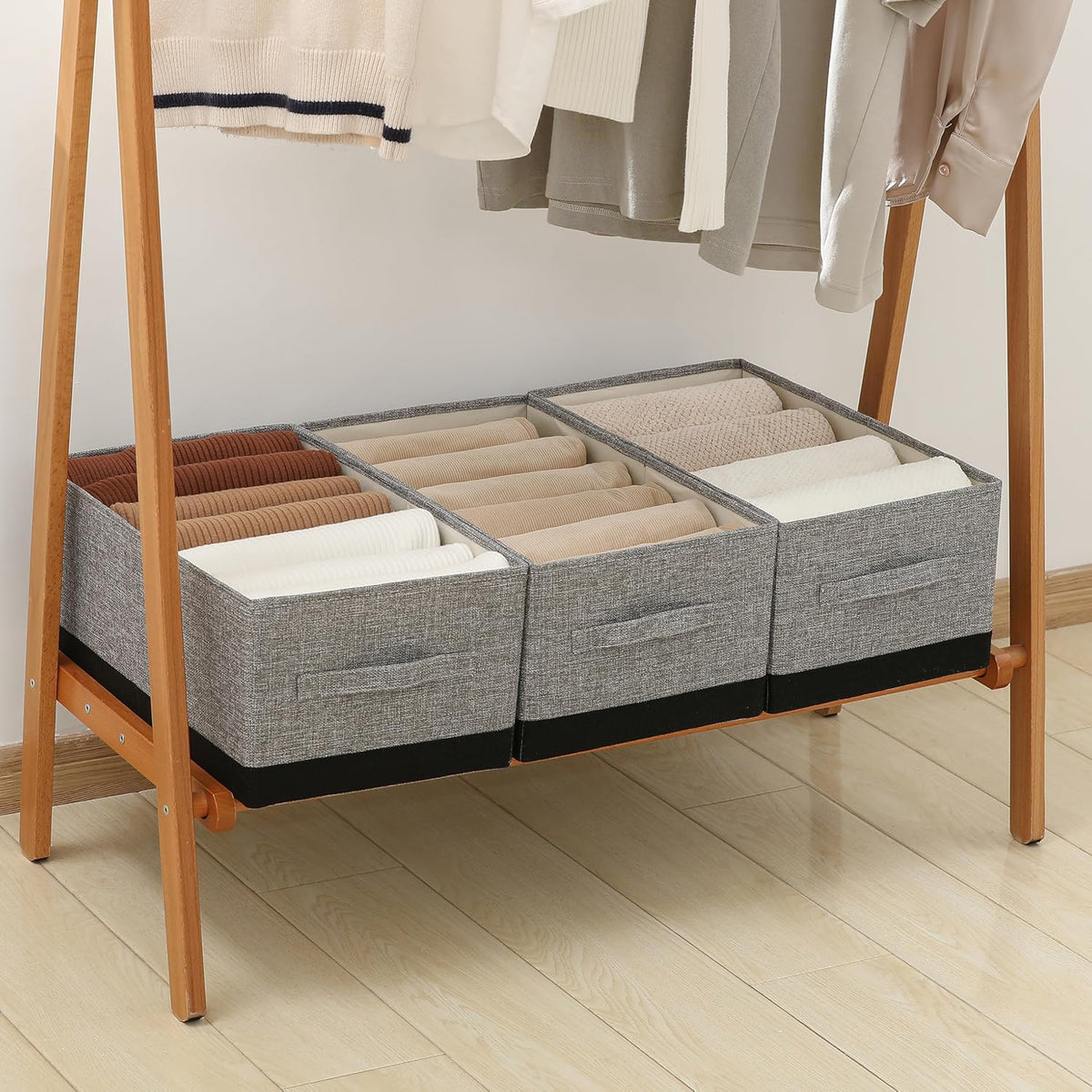Linen Folding Storage Bins, 3 Pack Large Storage Baskets, Washable, Clothing Storage Bins with Handle, Closet Organizer for Storage Sweater,Sheets(Beige, 18½"x11 x8½)