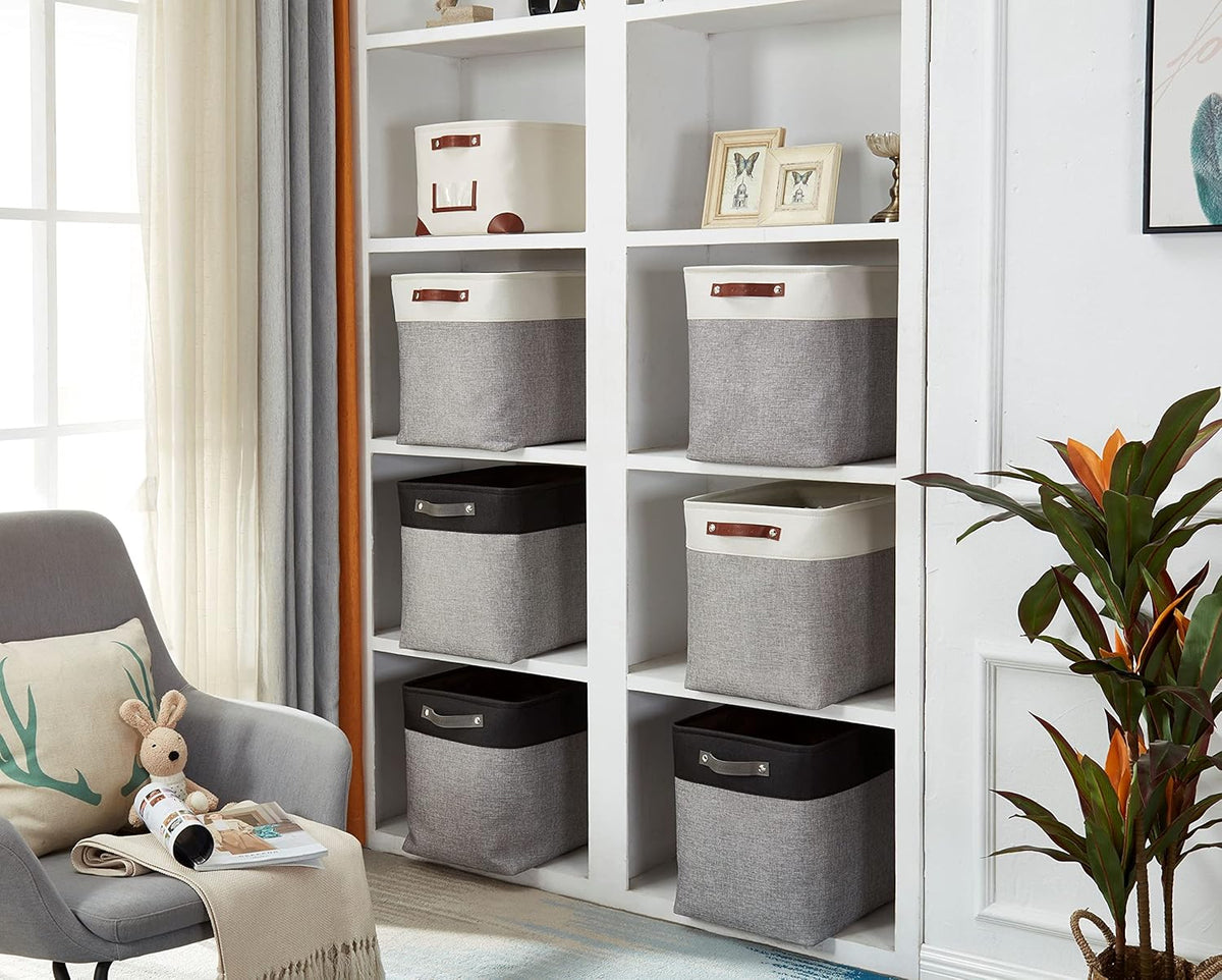 DECOMOMO Storage Bins, Large Fabric Storage Baskets for Shelves, Decorative Linen Closet Organizer, 15 x 11 x 9.5 inches (Beige & White, 3 Pack)