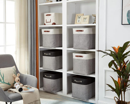 DECOMOMO Storage Bins, Large Fabric Storage Baskets for Shelves, Decorative Linen Closet Organizer, 15 x 11 x 9.5 inches (Beige & White, 3 Pack)