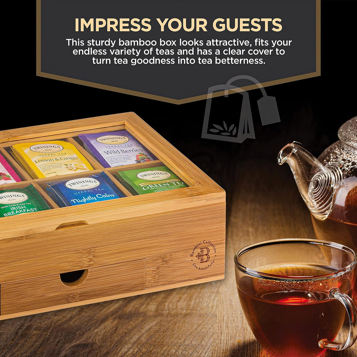 Tea Bag Organizer with Drawer - Bamboo Tea Box Organizer, 8-Compartment Tea Storage Box with Acrylic Lid and Magnetic Closure, Tea Box for Kitchen Counter, Gifts for Mom, Wife, Tea Lovers