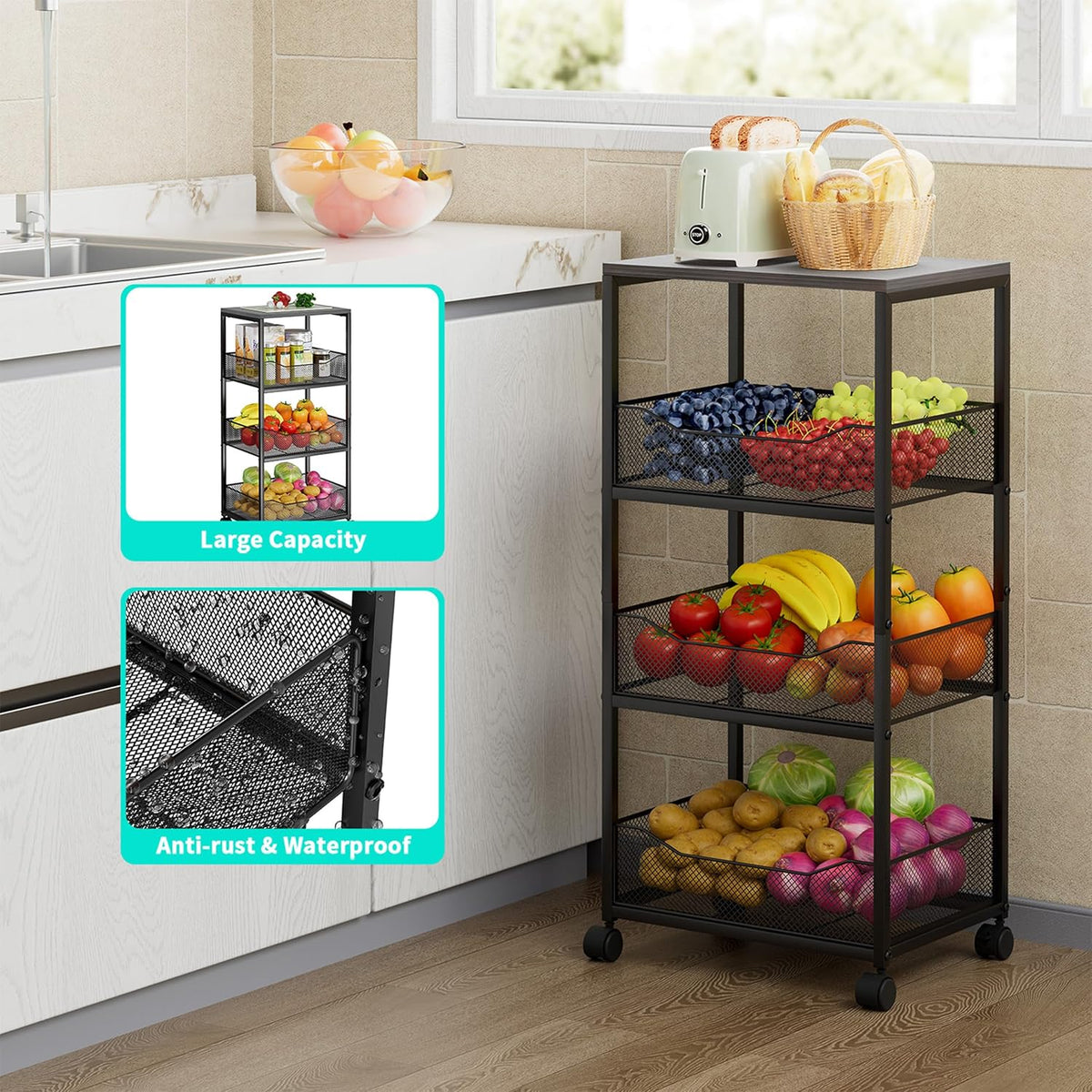 HapiRm Fruit Basket Kitchen Cart - 4-Tier Rolling Storage Cart with Wheels, Fruit Vegetable Basket with Wood Top, Pantry Utility Kitchen Organizer for Fruit Potato Onion Vegetable Bread Snack
