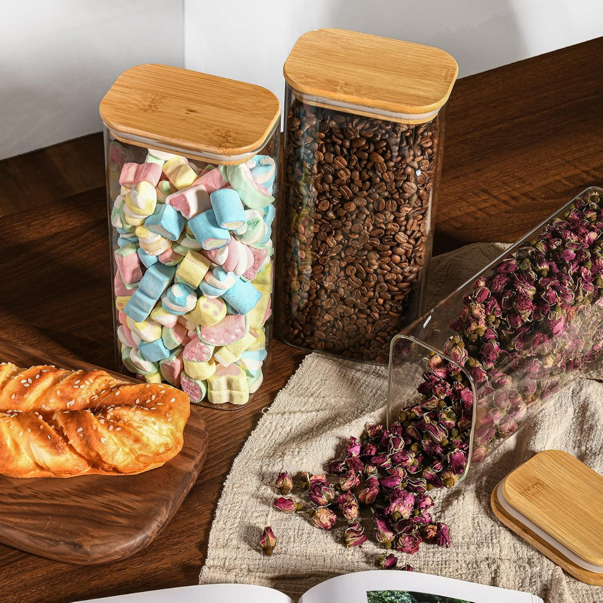 D2scrma 37oz Rectangle Airtight Glass Storage Containers with Bamboo Lids (Set of 6), Square Food Storage Jar, Pantry Organizers for Cereal, Nuts, Snacks and Coffee beans (‎with Black Lable)
