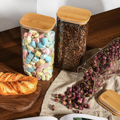 D2scrma 37oz Rectangle Airtight Glass Storage Containers with Bamboo Lids (Set of 6), Square Food Storage Jar, Pantry Organizers for Cereal, Nuts, Snacks and Coffee beans (‎with Black Lable)