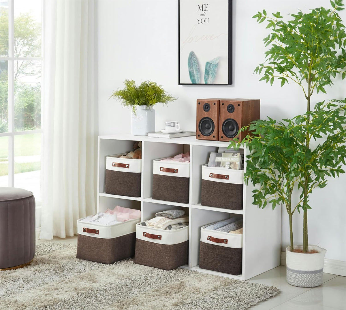 DECOMOMO Storage Bins, Large Fabric Storage Baskets for Shelves, Decorative Linen Closet Organizer, 15 x 11 x 9.5 inches (Beige & White, 3 Pack)