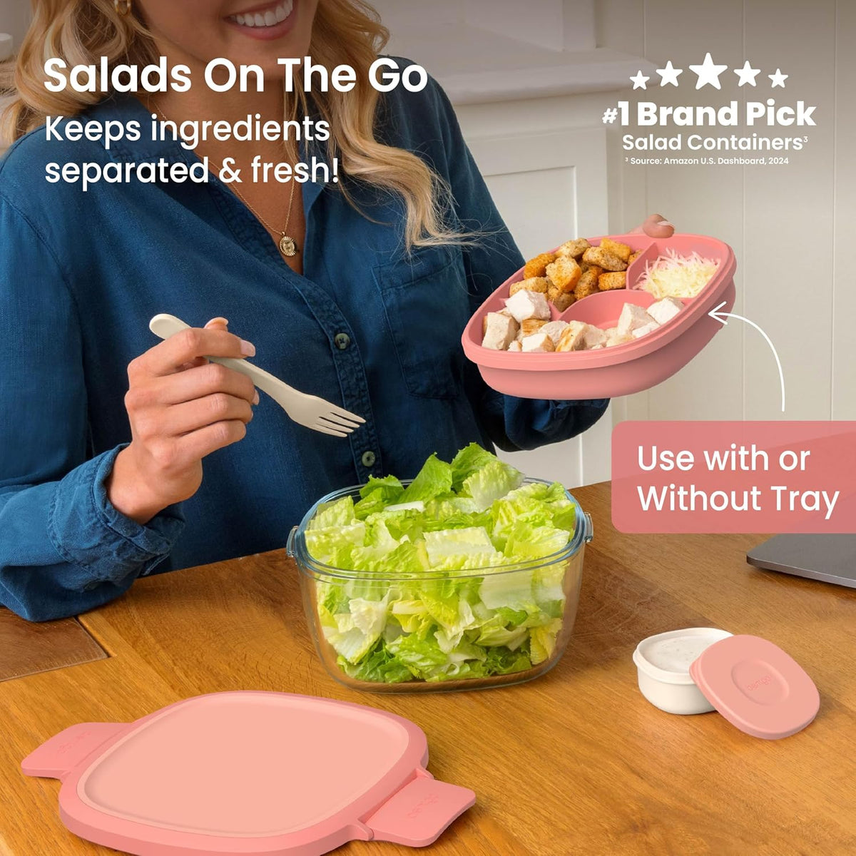Bentgo Glass Prints Salad Container - 7.6-Cup Tinted Glass Salad Bowl with Airtight Lid, Leak-Proof Sauce Container, 4-Compartment Bento Meal Prep Tray & Reusable Fork (Floral Maximalist - Sea)