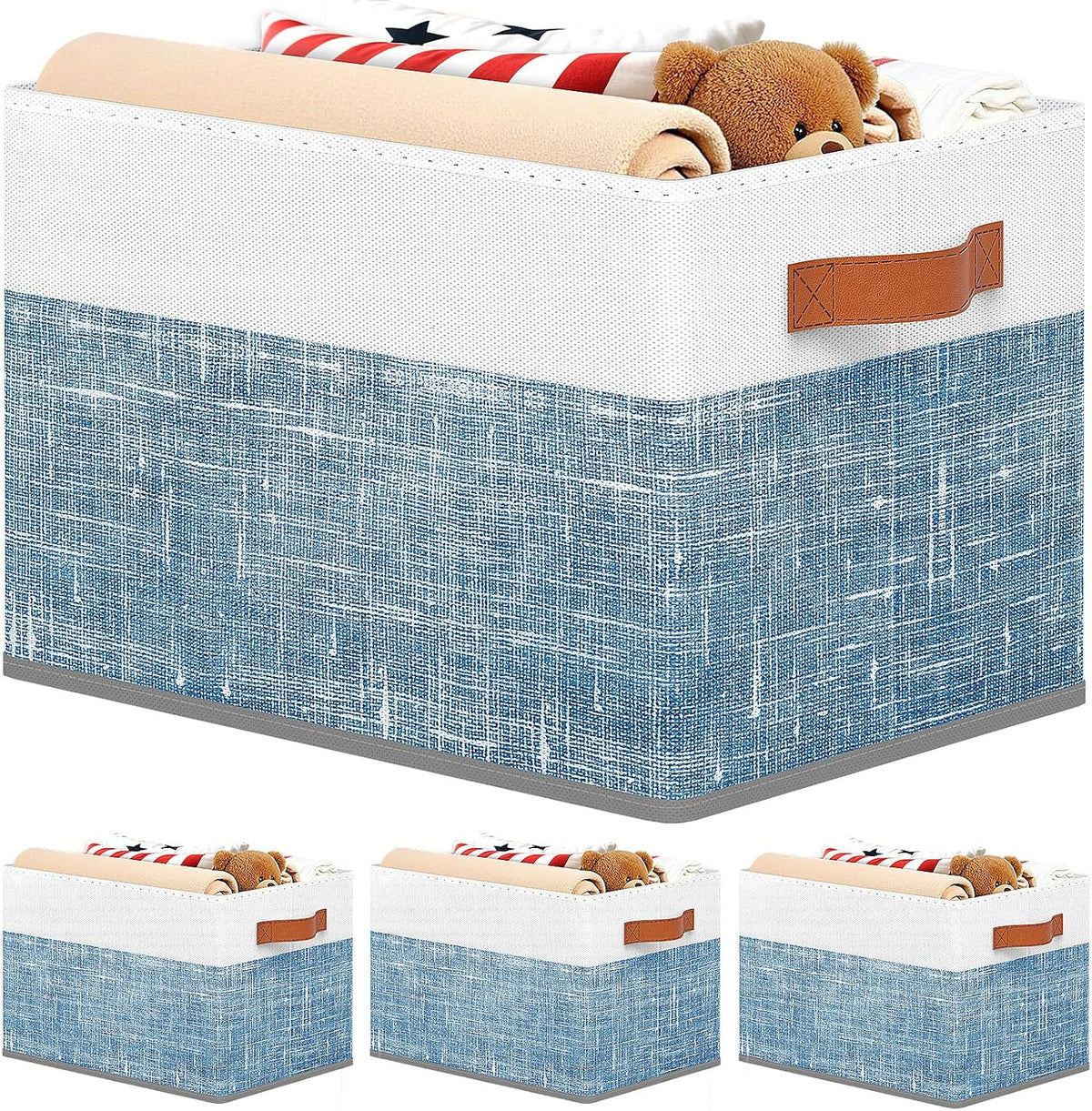 Fab totes Collapsible Storage Baskets for Shelves,14"x10", Foldable Fabric Storage Bins with Double Leather Handles, Large Baskets for Organizing Books, Clothes, White & Grey