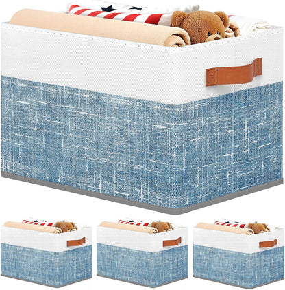 Fab totes Collapsible Storage Baskets for Shelves,14"x10", Foldable Fabric Storage Bins with Double Leather Handles, Large Baskets for Organizing Books, Clothes, White & Grey