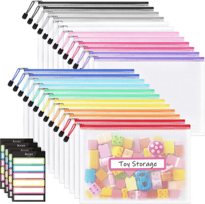 Sooez Mesh Zipper Pouch with Sticky Labels, A4 Mesh Bags, Sturdy Letter Size File Folders Organizer, Office School Classroom Teacher Supplies, Toy Storage Bag Board Game Puzzles Organization