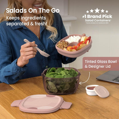 Bentgo Glass Prints Salad Container - 7.6-Cup Tinted Glass Salad Bowl with Airtight Lid, Leak-Proof Sauce Container, 4-Compartment Bento Meal Prep Tray & Reusable Fork (Floral Maximalist - Sea)