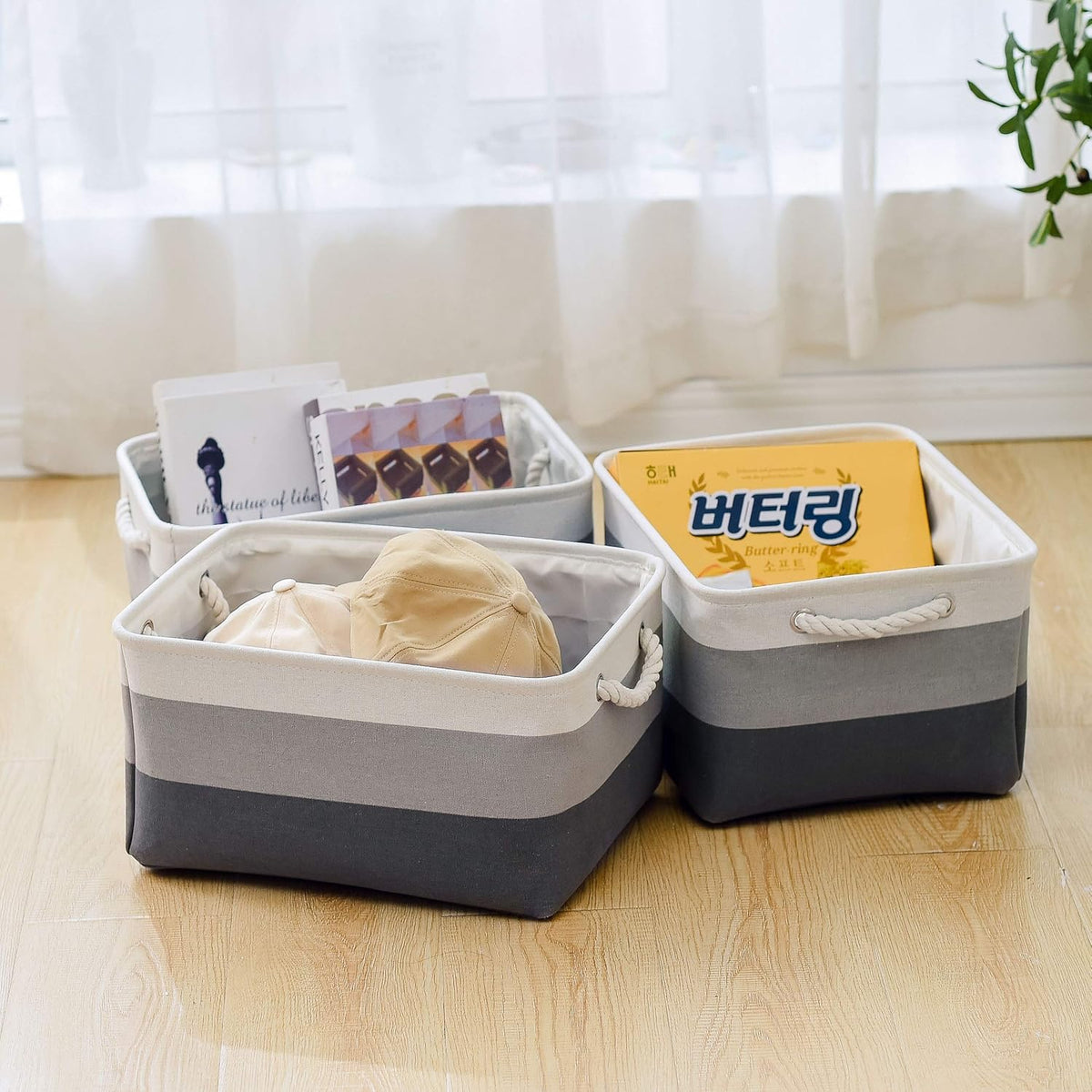 Fabric Storage Bins 12x8x5 inch [6-Pack] with Rope Handles - Decorative Baskets for Organizing