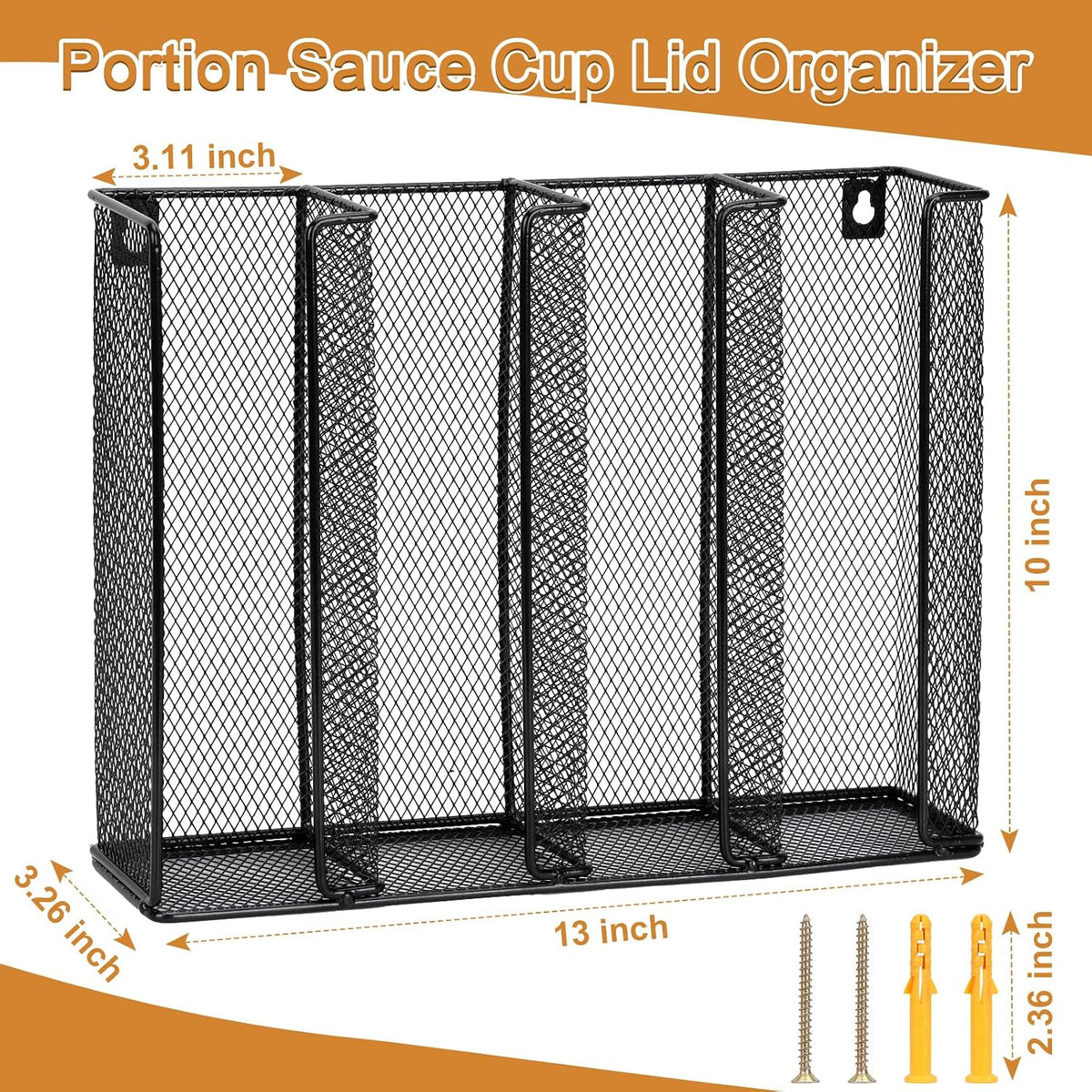 Wall Mount Portion Sauce Cup Lid Organizer 4 Compartments Iron Sauce Cup Dispenser Black Cup and Lid Holder Organizer Fits Cups Size 2 to 4 oz For Kitchen Counter Restaurant Coffee Bar 13x10x3.3 In