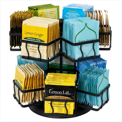 NHZ Tea Bag Organizer - Spinning Carousel Holder With 12 Compartments, Up to 140 Tea Bags Storage, Black Powder Coated Stainless Steel