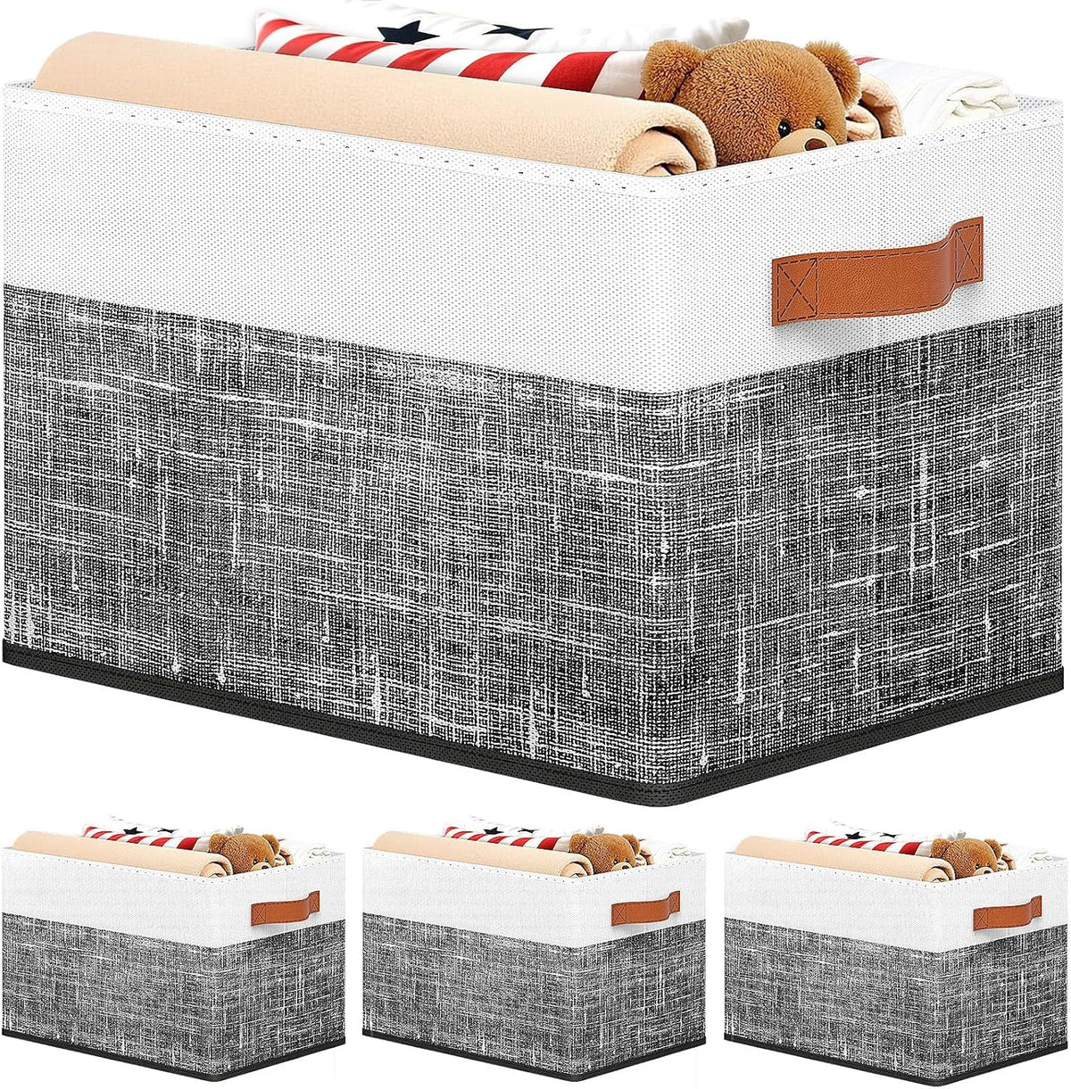 Fab totes Collapsible Storage Baskets for Shelves,14"x10", Foldable Fabric Storage Bins with Double Leather Handles, Large Baskets for Organizing Books, Clothes, White & Grey