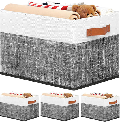 Fab totes Collapsible Storage Baskets for Shelves,14"x10", Foldable Fabric Storage Bins with Double Leather Handles, Large Baskets for Organizing Books, Clothes, White & Grey