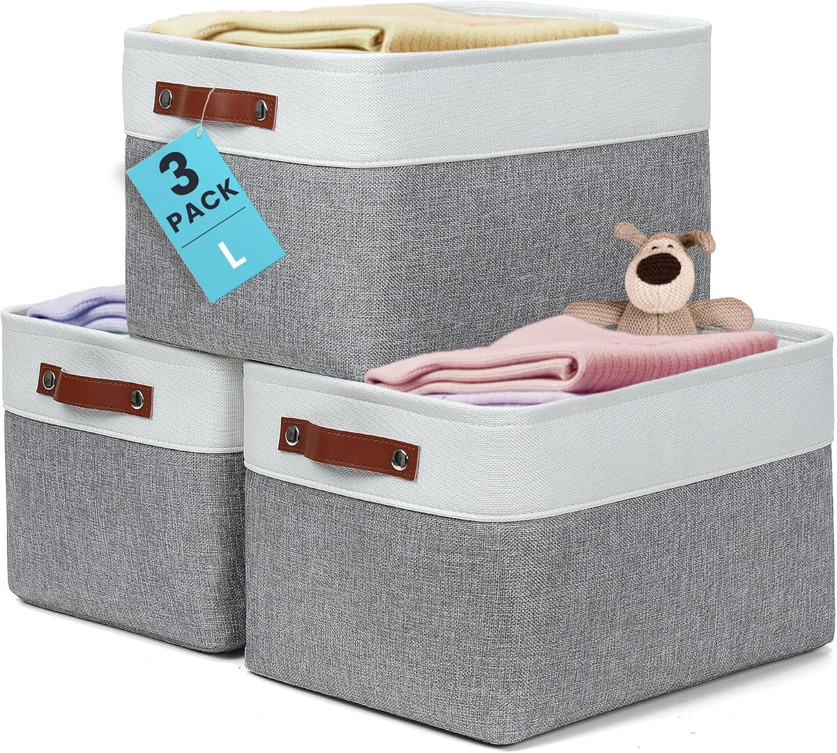 OrganiHaus 12x8in Canvas Storage Baskets 3 Pack | SMALL Fabric Bins for Shelves | Pantry & Bathroom Organizer | Beige/Off-White