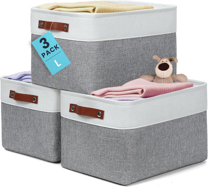 OrganiHaus 12x8in Canvas Storage Baskets 3 Pack | SMALL Fabric Bins for Shelves | Pantry & Bathroom Organizer | Beige/Off-White