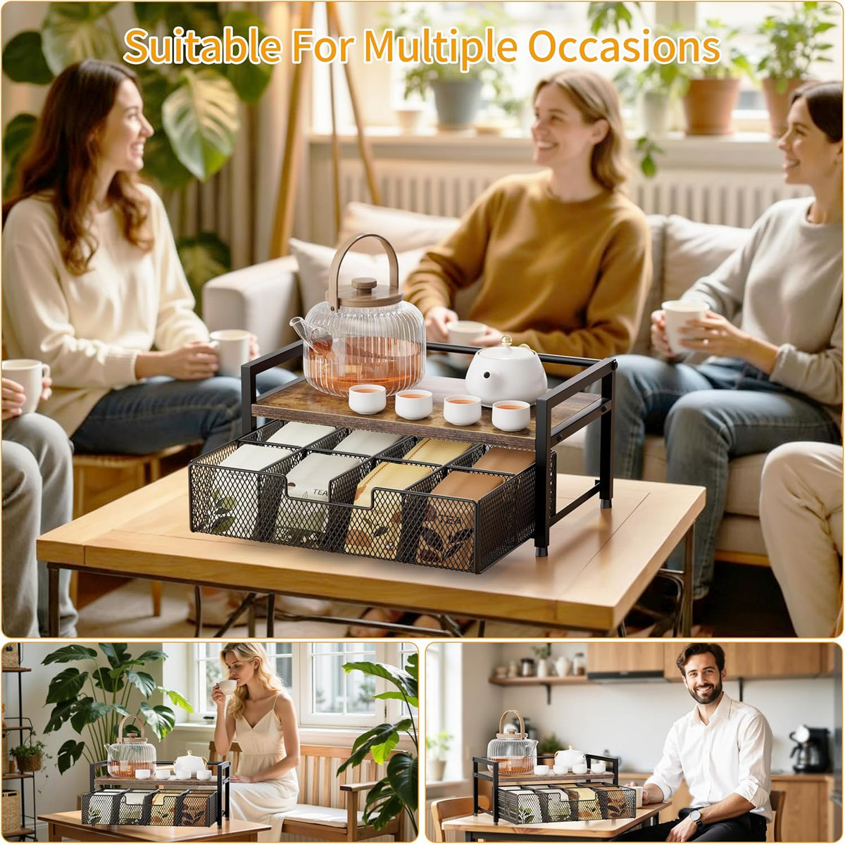 Tea Bag Organizer, Tea Bag Holder with Drawer, Wood and Metal Tea Organizers and Storage Chest for Countertop Kitchen, Office, Rustic Brown