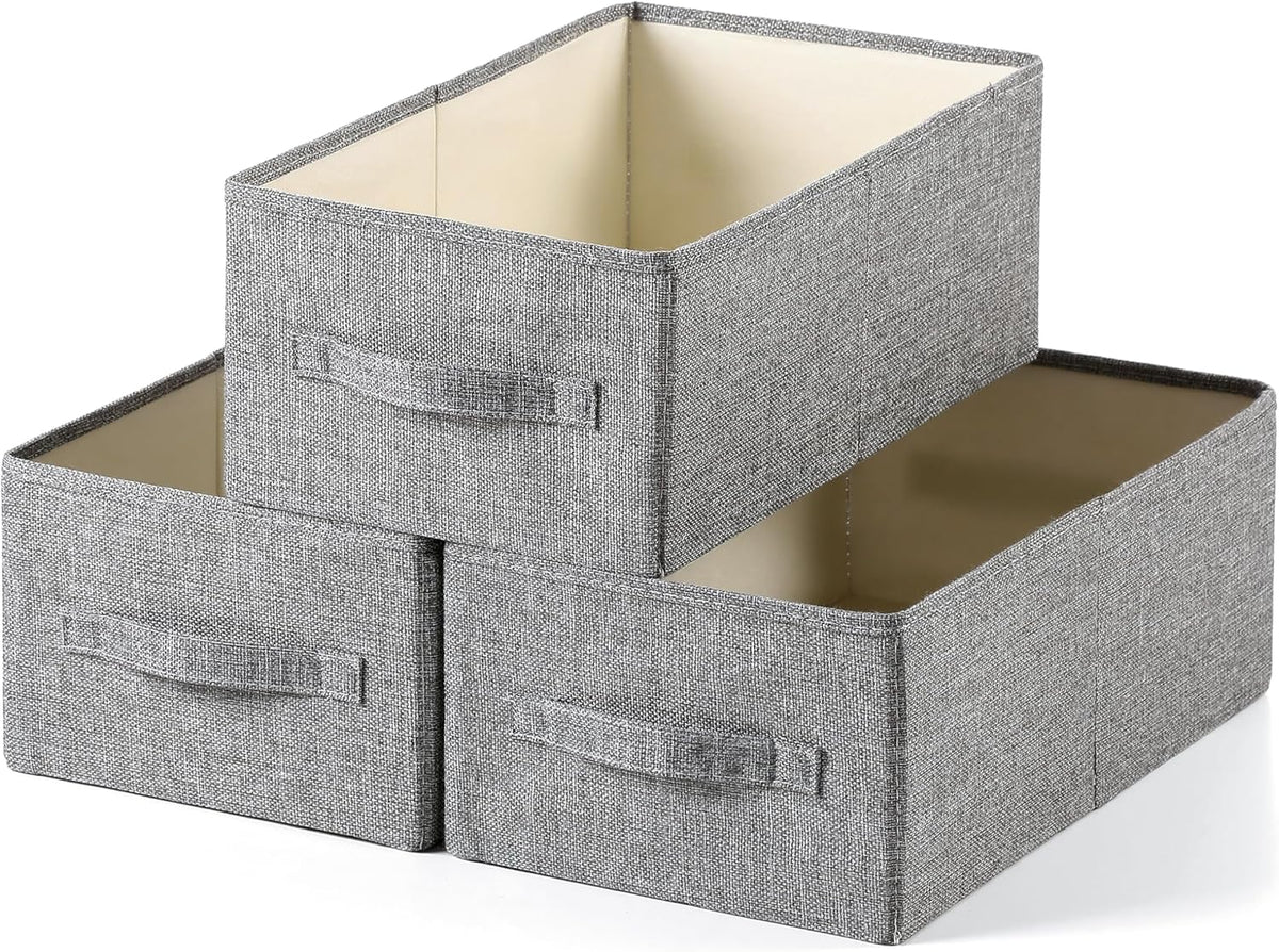 Linen Folding Storage Bins, 3 Pack Large Storage Baskets, Washable, Clothing Storage Bins with Handle, Closet Organizer for Storage Sweater,Sheets(Beige, 18½"x11 x8½)