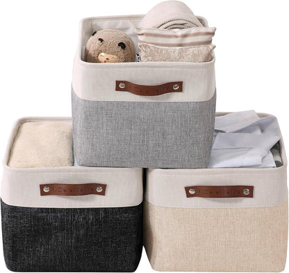 DECOMOMO Storage Bins, Large Fabric Storage Baskets for Shelves, Decorative Linen Closet Organizer, 15 x 11 x 9.5 inches (Beige & White, 3 Pack)