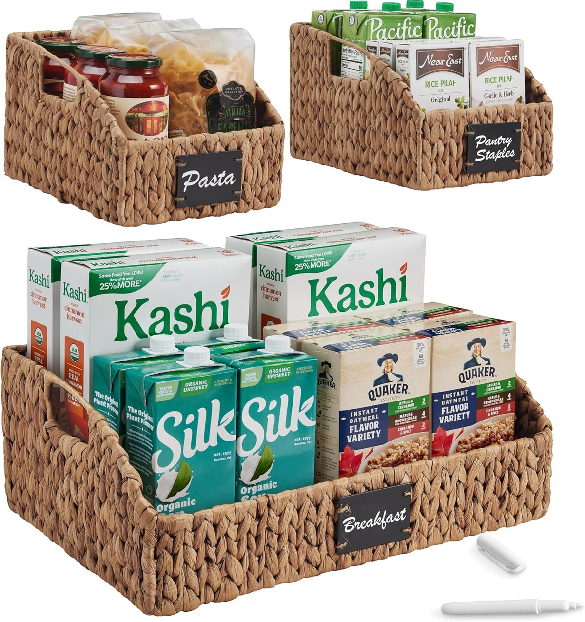 Best Choice Products Water Hyacinth Pantry Storage Baskets, Wicker Baskets w/Built-in Handles, Handwoven Shelf Baskets for Organizing, Pantry Organizers and Storage, 3-Pack - Natural