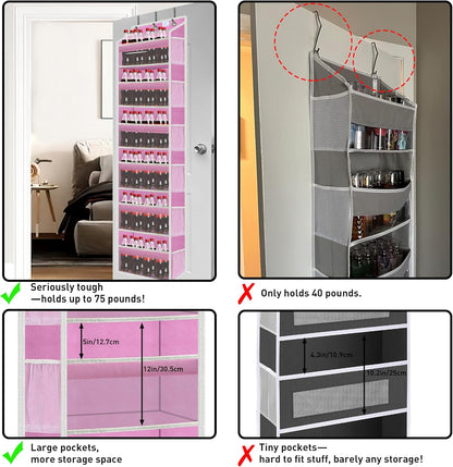 Over the Door Organizer Storage 6 Tier, 12 Large Capacity Side Pockets, Heavy Duty Metal Reinforced Hook Anti Tilt 75 LB Load Behind Door Storage for Bedroom Bathroom Pantry Nursery