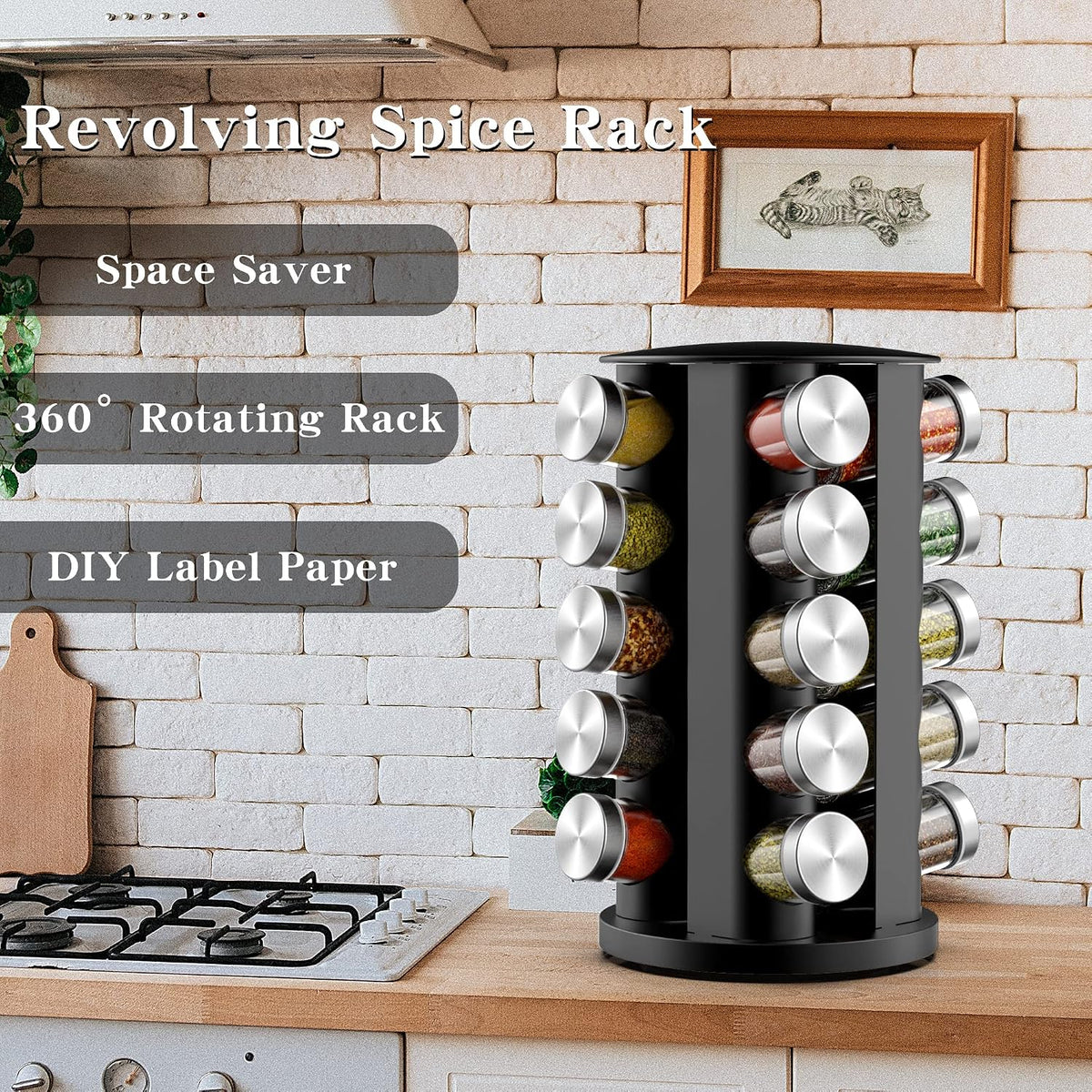 Handisen Rotating Spice Rack Organizer for Cabinet, Spice Racks Storage with 20 Jars, Spinning Spice rack for Kitchen Countertop, Spice Holder,Seasoing Storage Racks, Black