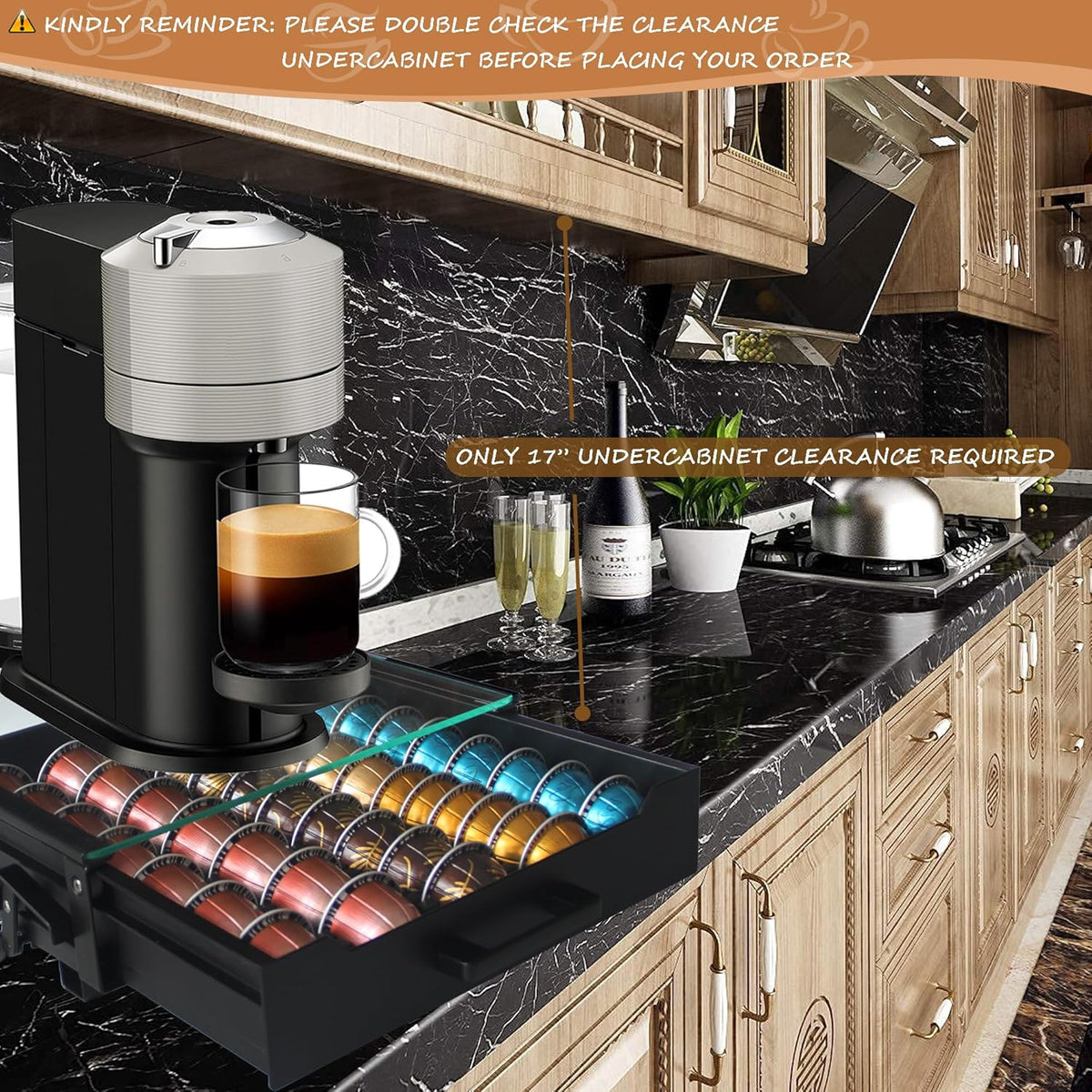 Vertuo Pod Holder Drawer with Deluxe Black Tempered Glass Top, Compatible for Nespresso VertuoLine Pods, Holds up to 75 Small or 50 Big Vertuo Pods Compact Design (Piano Black Nespresso Pods Holder)