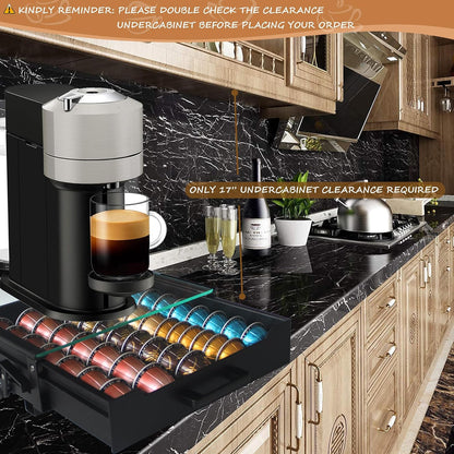 Vertuo Pod Holder Drawer with Deluxe Black Tempered Glass Top, Compatible for Nespresso VertuoLine Pods, Holds up to 75 Small or 50 Big Vertuo Pods Compact Design (Piano Black Nespresso Pods Holder)