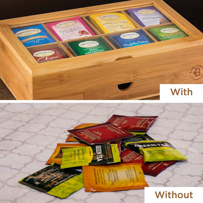 Tea Bag Organizer with Drawer - Bamboo Tea Box Organizer, 8-Compartment Tea Storage Box with Acrylic Lid and Magnetic Closure, Tea Box for Kitchen Counter, Gifts for Mom, Wife, Tea Lovers
