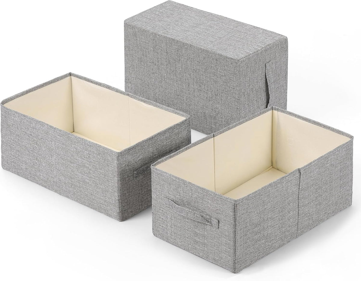 Linen Folding Storage Bins, 3 Pack Large Storage Baskets, Washable, Clothing Storage Bins with Handle, Closet Organizer for Storage Sweater,Sheets(Beige, 18½"x11 x8½)