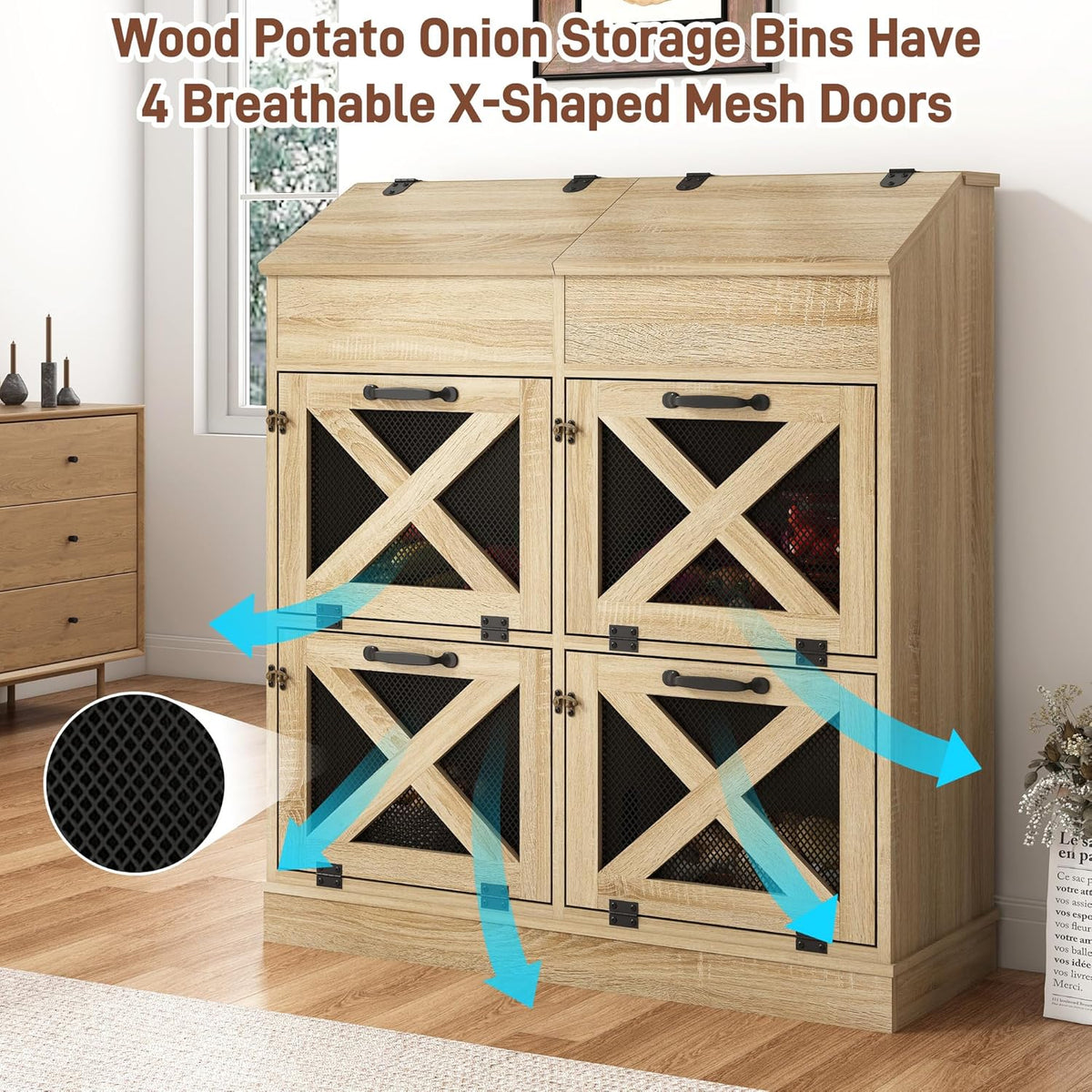 Potato And Onion Storage Bin with Lid,Veggie Bin W/6 Large Storage Box.Root Vegetable Storage Box For Kitchen,Farmhouse Potato Storage Bin W/4 Mesh Doors,Bread Keeper for Toast,Bagel,Donut,Cookies