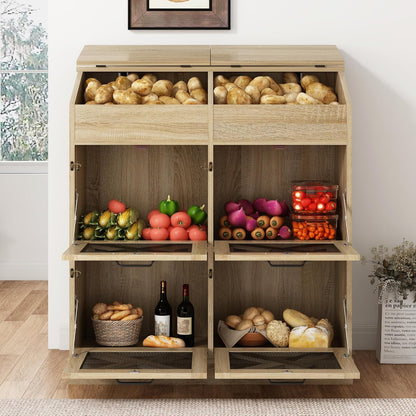 Potato And Onion Storage Bin with Lid,Veggie Bin W/6 Large Storage Box.Root Vegetable Storage Box For Kitchen,Farmhouse Potato Storage Bin W/4 Mesh Doors,Bread Keeper for Toast,Bagel,Donut,Cookies