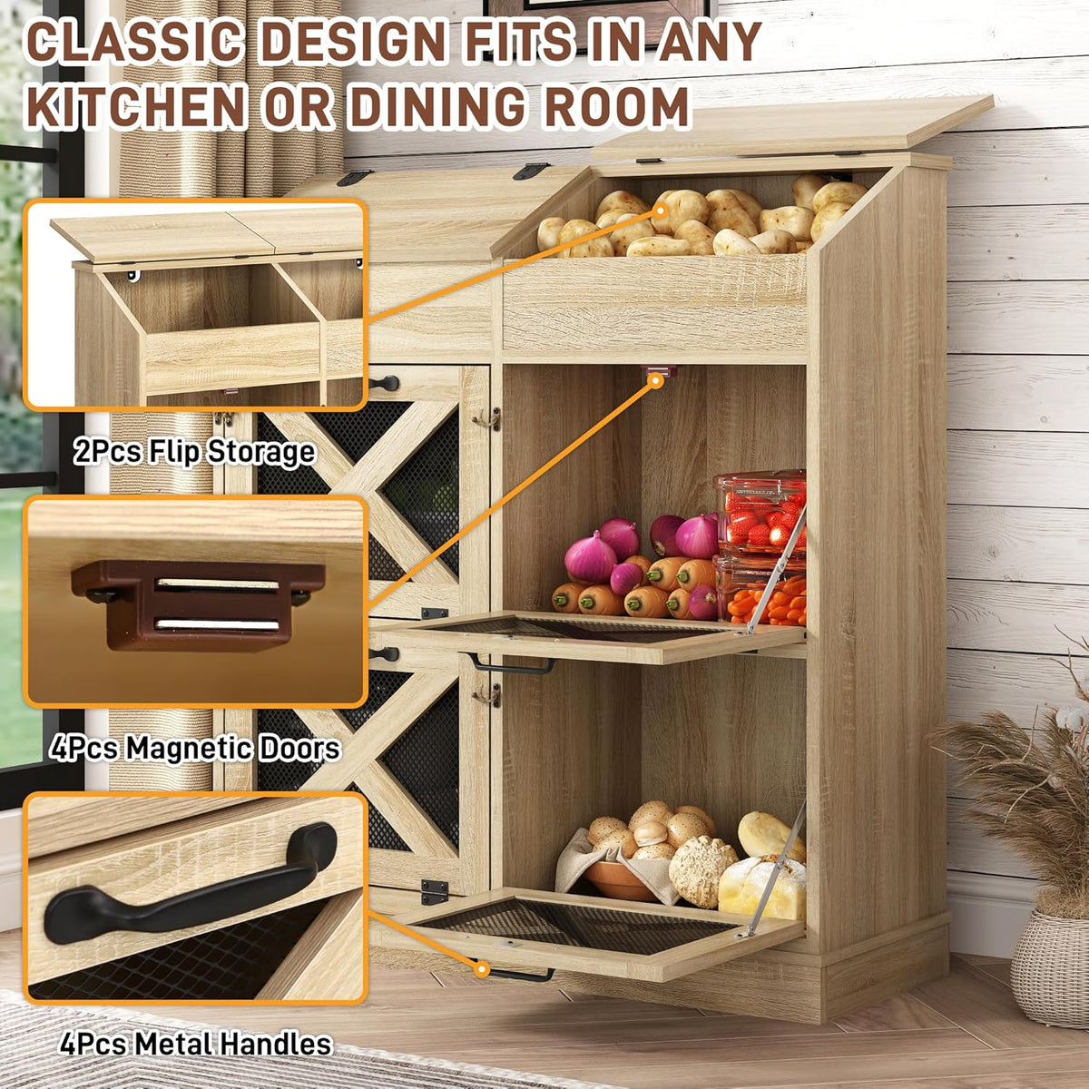 Potato And Onion Storage Bin with Lid,Veggie Bin W/6 Large Storage Box.Root Vegetable Storage Box For Kitchen,Farmhouse Potato Storage Bin W/4 Mesh Doors,Bread Keeper for Toast,Bagel,Donut,Cookies