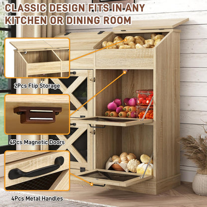 Potato And Onion Storage Bin with Lid,Veggie Bin W/6 Large Storage Box.Root Vegetable Storage Box For Kitchen,Farmhouse Potato Storage Bin W/4 Mesh Doors,Bread Keeper for Toast,Bagel,Donut,Cookies