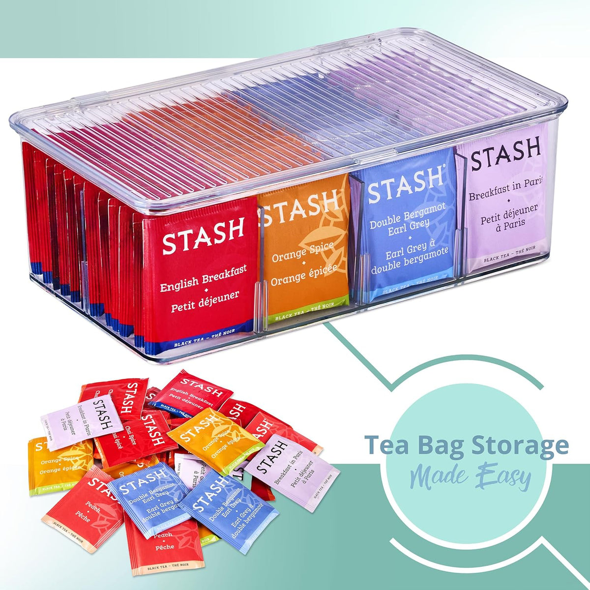 Sorbus 2 Pack Tea Bag Organizer Bins w/Lids & 4 Removable Dividers, Clear Plastic Food Packet Snack Organizer, Stackable Pantry Organization, Kitchen Storage, Fridge Bins, Sturdy Cabinet Organizers